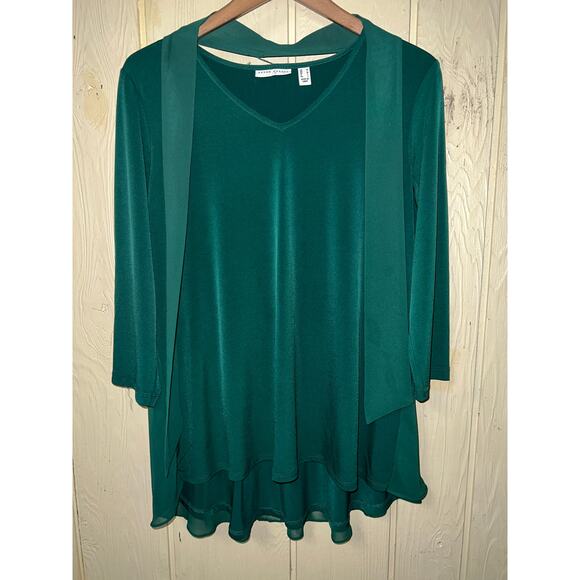 Susan Graver Top Medium Green Liquid Knit Chiffon Ribbon Bow Tie Neck Blouse - Picture 4 of 10